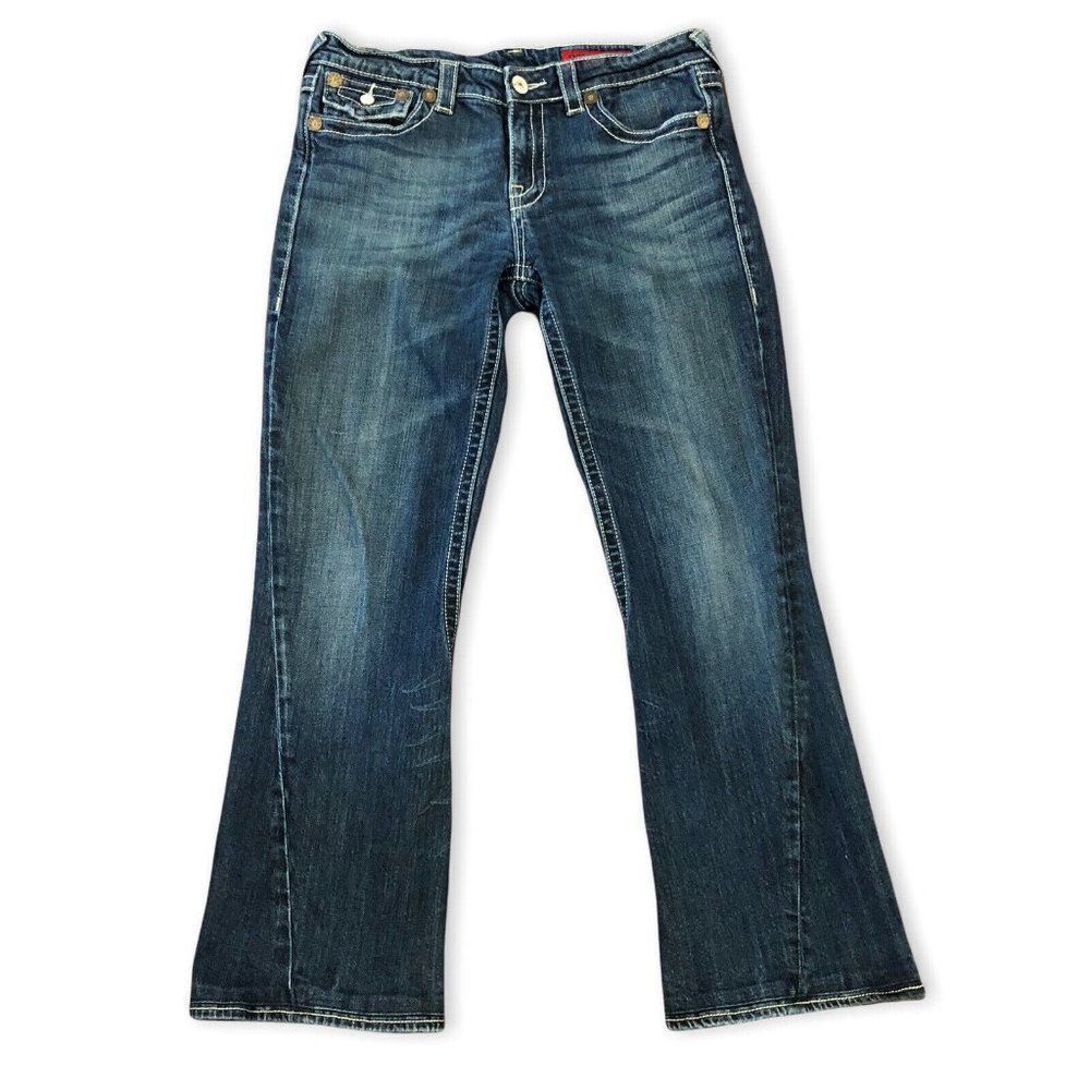 Vigoss Womens 11 Flare Asymmetric Seam Jeans Flap Pockets Whiskered Thick Stitch